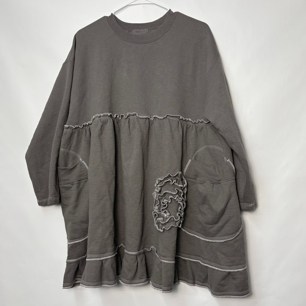 Charcoal Gray Ruffle Rosette Babydoll Sweatshirt Tunic Dress Lagenlook Mori Kei